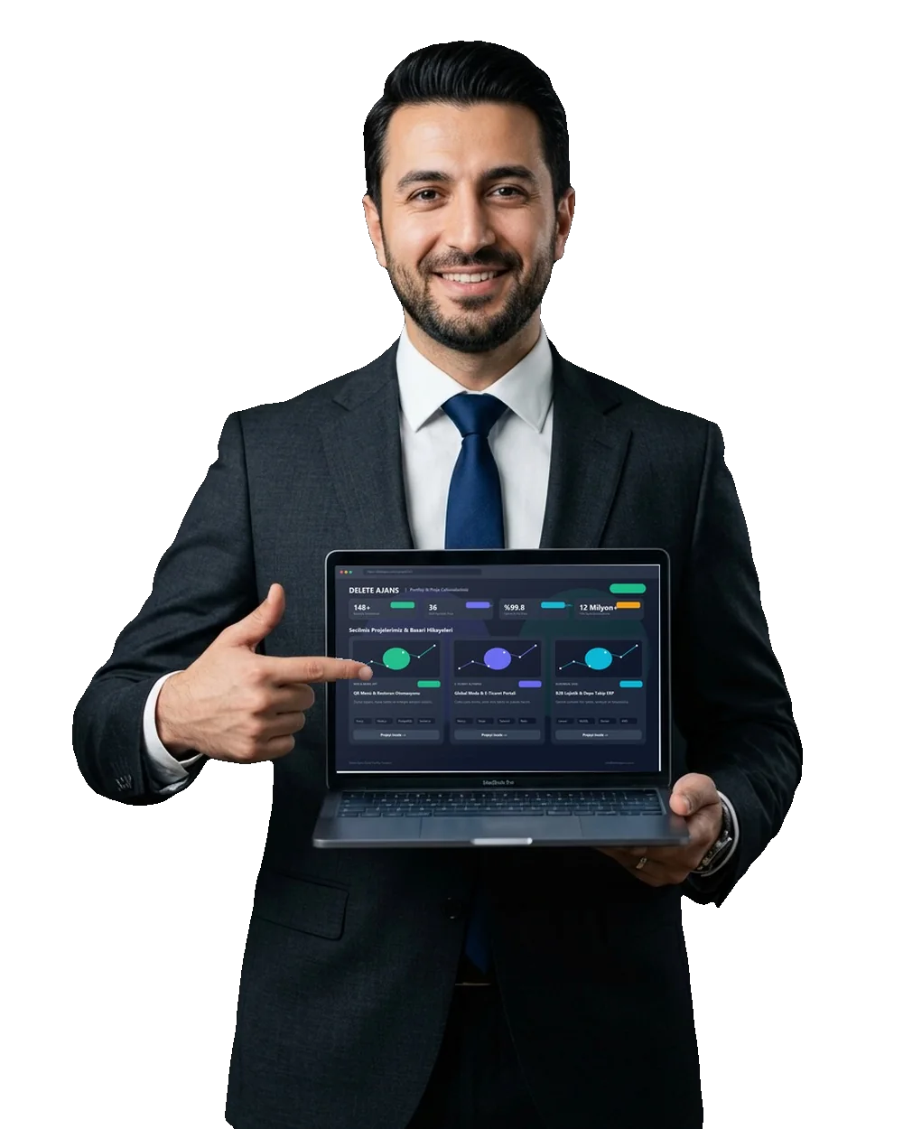 Laptop ekranında Delete Ajans projelerini tanıtan satış temsilcisi