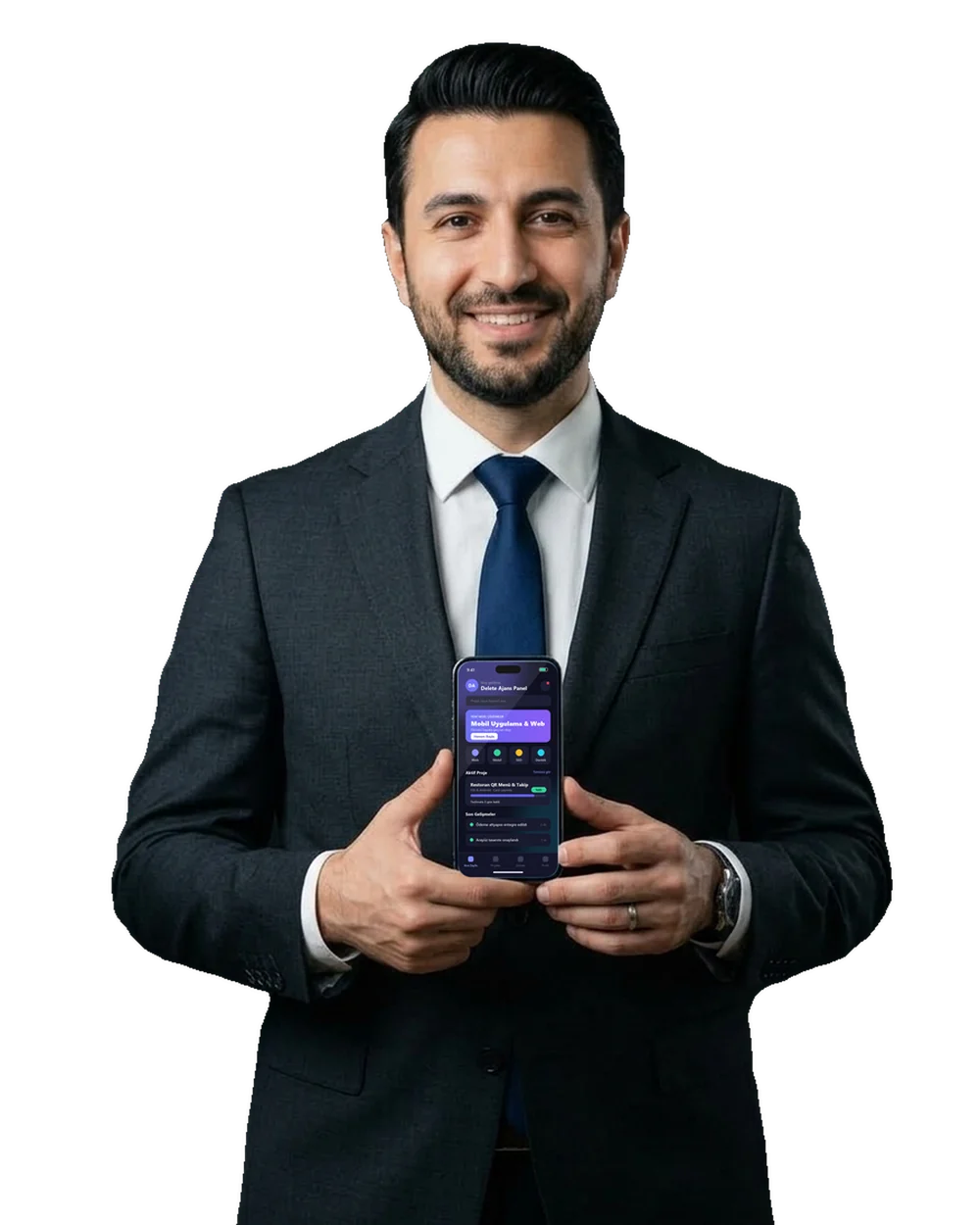Elinde Delete Ajans mobil uygulaması açık telefon tutan satış temsilcisi